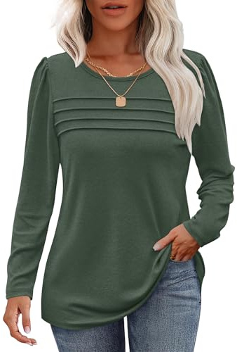 WNEEDU Långärmad damtröja rund hals ledig lös tröja damer trendiga veck puffärmar sweatshirt höst vinter puli toppar blus tunika toppar, Grön, XL