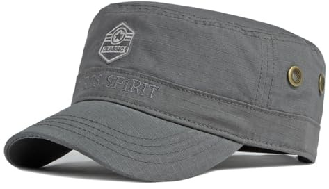 FASHIXD Summer Military Cap Cotton Embroidered Flat Top Hat for Outdoor Adjustable (US, Alpha, One Size, Grey)