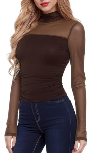 viiotu Long Sleeve Mesh Tops for Women Sexy Sheer Tops Going Out Top for Party Daily Wear Date (UK, Alpha, M, Regular, Regular, Brown)