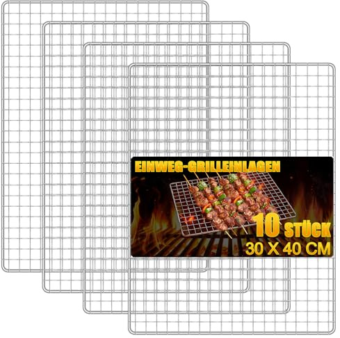 Loppdece 10 pezzi per barbecue usa e getta, 30 x 40 cm, griglia usa e getta, griglia in acciaio inox, robusto supporto per esterni, picnic e campeggio