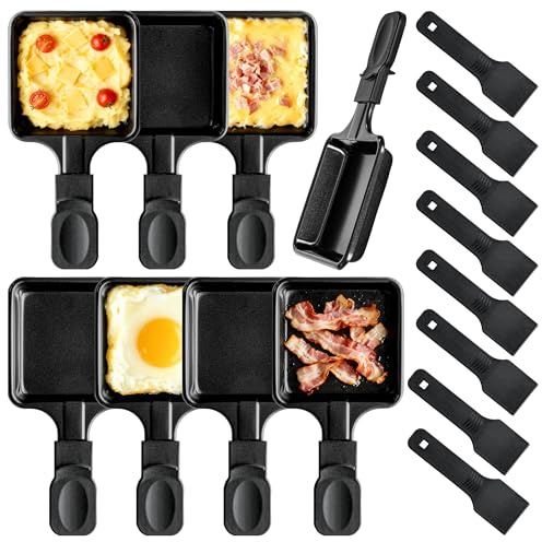 Kosmosta Set da 8 Padelline Raclette Quadrate con 8 Spatole in Nylon, Vaschette in Ferro Antiaderente, Padelle di Ricambio per Griglia Raclette