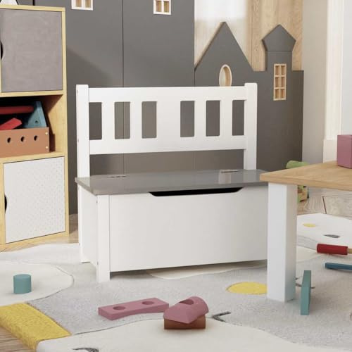 Ordellia Barnbänk med förvaringsutrymme, vit och grå av MDF, 60 x 30 x 55 cm, sittbänk för barnrumsmöbler och babyrum, set med förvaring, ordning och lockkista