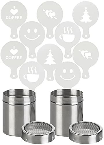 Rosenstein & Söhne Kakaostreuer: 2er-Set Kakao-Streuer aus Edelstahl mit Deko-Schablonen (Kaffee Schablonen Edelstahl, Gewürzstreuer, Schokolade)
