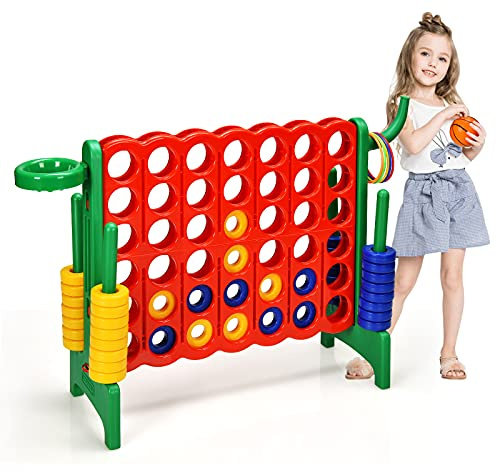 COSTWAY Conecta 4 Gigante, Mega 4 para Niños y Adultos, Juego de Exterior 74 cm con Canasta y Juego de Lanzamiento de Anillos, 42 Piezas Gigantes, Guida de Soltar Fácil (Verde)