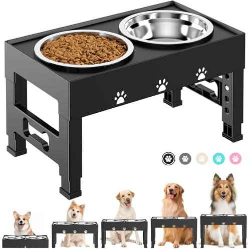 LAKIPETN Cuencos elevados para perros con 2 cuencos de acero inoxidable y 5 platos elevados de altura ajustables que se ajusta a 3.1 pulgadas, 9 pulgadas, 10 pulgadas, 12 pulgadas de alto, color negro