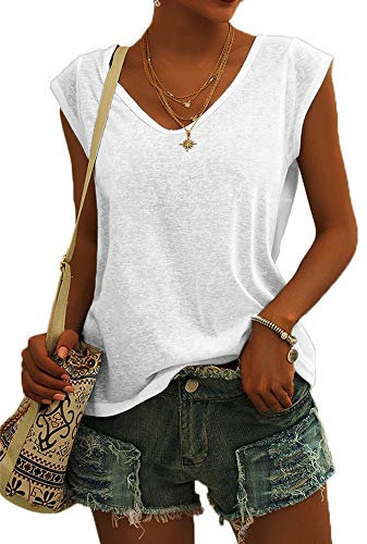 GeGekoko Damen T-Shirt Kurzarm V-Ausschnitt Flügelärmeln Oberteile Blusen Sommer Casual Lose Tank Top Basic Mädchen Tops Weiss S