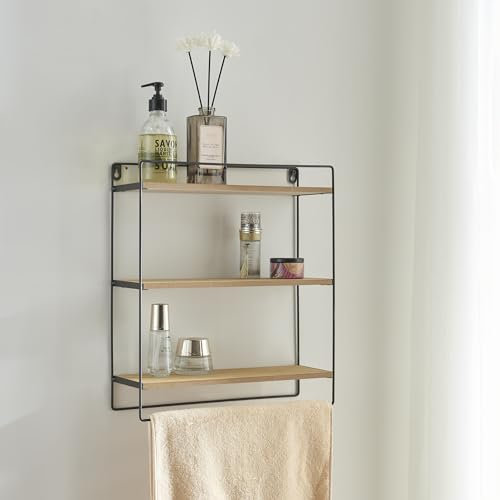 [en.casa] Estantería de Pared de 3 Niveles Estantes Flotantes para Baño con Toallero Mural Metal/Aglomerado 43 x 38 x 11 cm Negro/Efecto Madera
