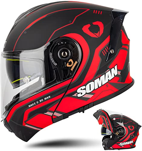 Motorcycle Helmets DOT/ECE Approved Modular Flip Up Front Motorbike Helmet with Double Sun Visor, Full Face Racing Crash Helmet for Adult Men Women,Red-4XL(67~68cm)
