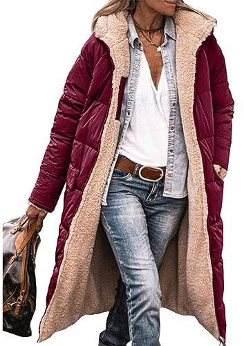 ORANDESIGNE Femme Chauds Manteaux d'hiver Réversible Sherpa Polaire Longues Vestes Bouffantes à Capuche Vêtements D'extérieur A Vin Rouge M