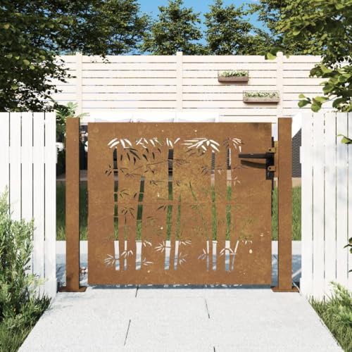 Homgoday Garden Gate, Metal Gate, Garden Door, Fence Door, Garden Gate, Yard Gate, Entrance Gate, Single Gate, Double Gate, Garden Fence, Gate, 105 x 80 cm, Corten Steel, Bamboo Design