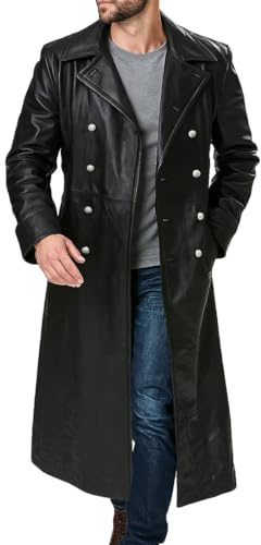 UGFashions Mens Genuine Leather Trench Coat German Military Officer Uniform Long Black Leather Pea Coat WW2 Trench Coat