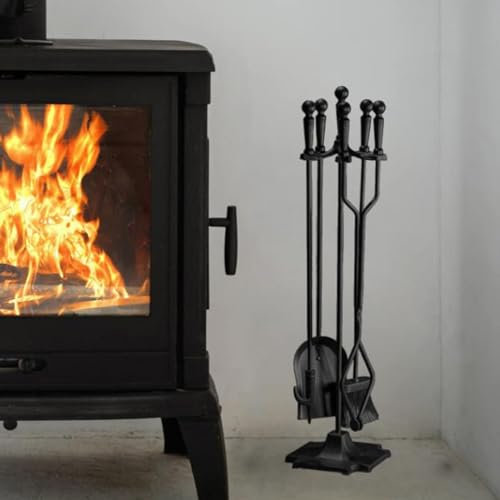 Porta strumenti per caminetto nero, 5 pezzi di ferro metallico per il set di strumenti del focolare Supporto per caminetto con pinze, pala e spazzola antica, poker, Kit di strumenti per caminetto