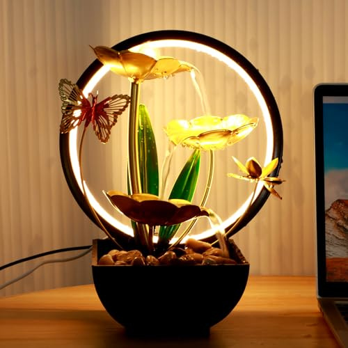 Fuente de agua de mesa con rocas y anillo de luces LED de 11 pulgadas de alto, fuente de agua zen de escritorio, humidificador de mesa para meditación, relajación, decoración del hogar y la oficina