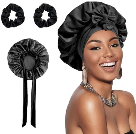 Seidenhaube zum Schlafen,Schlafhaube Seide,Silk Bonnet Sleep Cap,Schlafmütze Seide,Satin Haarhaube für Die Nacht Haare Schützen,Satinhaube zum Schlafen mit 2 Haargummis für Damen und Mädchen(Schwarz)