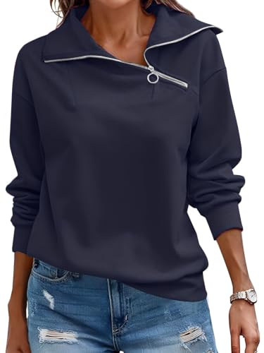 Cuptacc Womens Sweatshirts Quarter Zip Jumper Autumn V Neck Long Sleeve Top | Autumn,Spring,Quarter Zip,V Neck,Stand Collar,Casual,Elegant,Fashion,Basic,Loose,Solid Color,Work