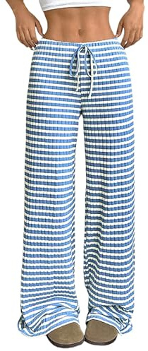 Women's Extra Wide Leg Long Pants Striped Lightweight Drawstring Mid-Rise Pull-On Casual Trousers Soft Lounge Home Office Palazzo Pants for Ladies