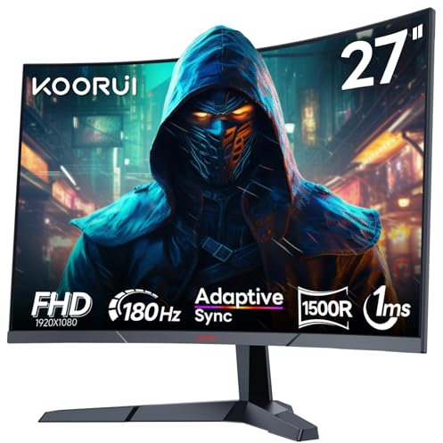 KOORUI Monitor Curvo 27 180Hz - Full HD VA 3000:1, 1500R, Adaptive Sync, Respuesta ultrarrápida y Filtro Anti-luz Azul, Eye Care, HDR, 2xHDMI 2.0, DP 1.2, VESA, Inclinación