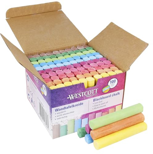 Westcott Craies 100 Pièces Pour Tableau Noir 1,2 cm de Diamètre | Couleurs Vives, Peu Poussiéreuses et Faciles à Effacer | 8,5 cm de Long | E-744987 00