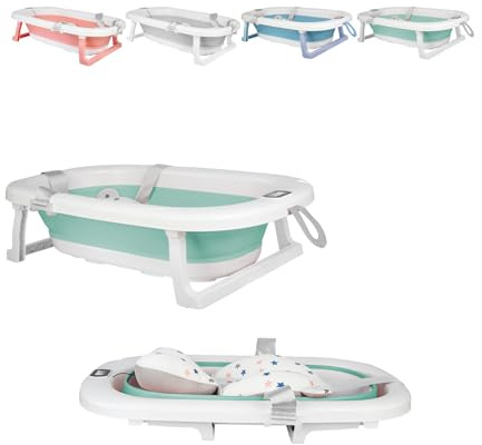 XUANYU Baignoire Bébé avec Thermomètre à eau, Baignoire Bebe sur Pied, Bassine Pliable Bebe avec Coussin de Bain, Antidérapant, Sécurisée et Confortable, Convient aux Fille ou Garçon 0-3 Ans (Vert)