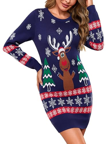 Bresdk Vestido de Punto Mujer Invierno Navidad Vestidos de Jersey Navideño Manga Larga Elegante Cuello Redondo Ugly Christmas Sweater Dresses