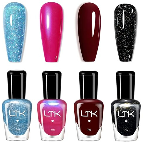 Nail Polish Set - 4PCS Nail Varnish Set - Wine Red Hot Pink Glitter Black Blue Nail Varnish Sets - 60 Seconds Quick Dry Long Lasting No Need UV Paint For Women Girls Nail Art Gift At Home Salon