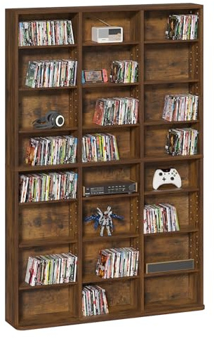 LELELINKY 8 Tier Tall Display Cabinet, Brown Media Storage Cabinet with Adjustable Shelves, Free Standing DVD Organizer Shelf, Floor Multimedia Storage Manga Bookshelf for Living Room & Home Office.