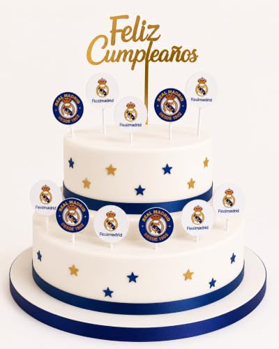 13 Toppers Real Madrid para Tartas y Cupcakes, Decoración Cumpleaños Real Madrid, Topper Feliz Cumpleaños, Decoración Tarta Fútbol, Fiesta Infantil (TOPPER ESCUDOS)