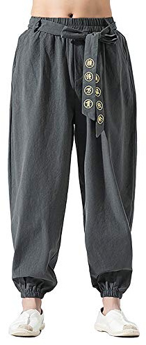 HAORUN Men Chinese Style Kung Fu Pants Tai Chi Loose Trousers Linen Casual Retro Wide Leg Dark Grey