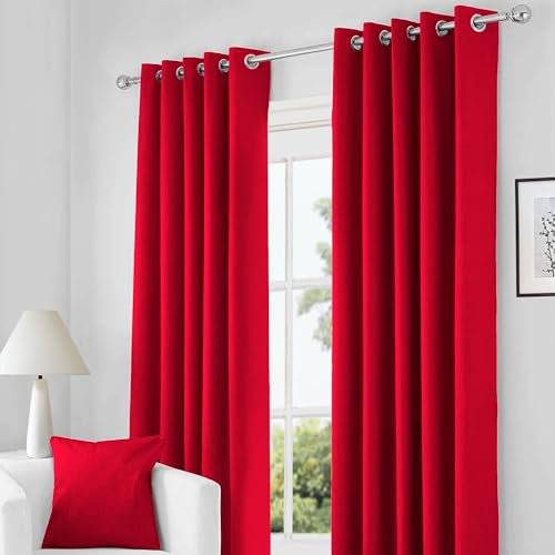 RayyanLinen Readymade Blackout Thermal Eyelet Ring Top Pair of Curtains Including 2 Tiebacks (RED, Width 46 x Drop 54)
