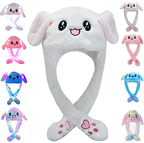 umbresen Bunny Hat Ear Moving Jumping Rabbit Hat Funny Cute Plush Animal Cap with Paws for Kids Women Girl Party Christmas Holiday Birthday Dress up Cosplay Costume Gift (White)