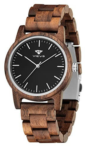 VICVS Holzuhren für Männer und Frauen, Chronograph aus japanischem Quarz aus natürlichem Walnuss- / Olivenholz, verstellbares Armband, Militärsport und Freizeit (Walnut-3)
