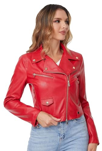 DIASHINY Giacca corta in ecopelle rossa per donna Giacca corta da motociclista con cerniera sottile in PU 013 S