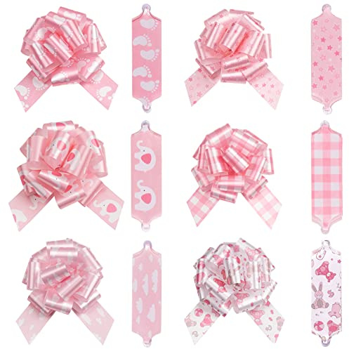 LeZakaa 12PCS Pull Bows with Ribbon - Pink Gift Bows with Elephant, Cloud, Star and Foot Print Design - Perfect for Baby Girl