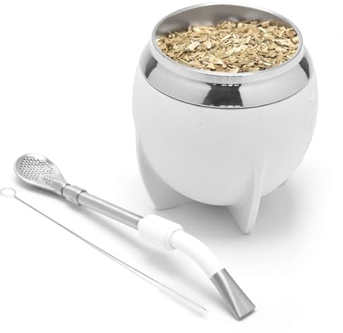 BALIBETOV Yerba Mate Cup And Bombilla Set, Includes Stainless steel Yerba Mate Gourd, Premium Bombilla Mate and Cleaning Brush (White)