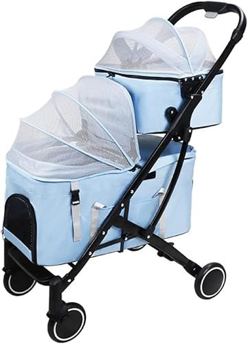 Leichte Haustier-Buggys für Hunde und Katzen, doppellagiger Haustier-Buggy, Katzen-/Hundewagen, abnehmbarer zweilagiger Kinderwagen, ideal für Zwillinge oder mehrere, atmungsaktiv (blau) (blau)