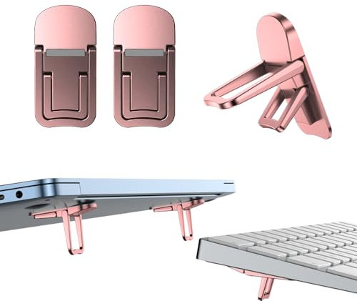 PONICOR 2PCS Zinc Alloy Mini Foldable Laptop Stand, Portable Computer Keyboard Riser with 2 Adjustable Angles, Self-Adhesive Invisible Notebook Stand and Keyboard Lift for Desk (Pink)
