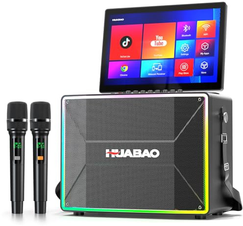 Máquina de Karaoke Inteligente con Tableta de 14 Pulgadas, Pantalla y visualización de Letras, Altavoz Profesional para Karaoke, 2 micrófonos inalámbricos, Altavoz Bluetooth, WiFi/HDMI/Luces LED