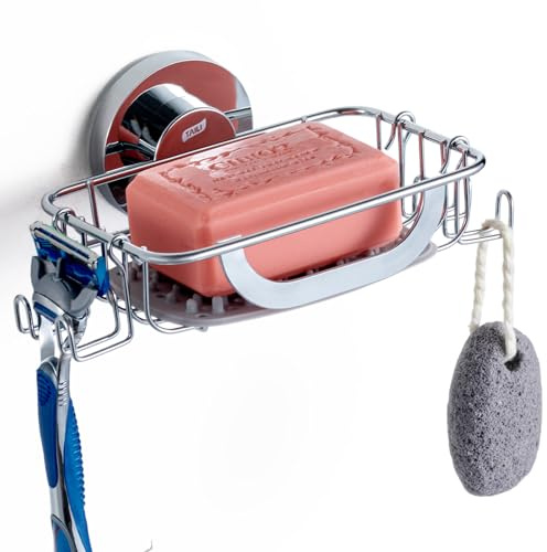 TAILI Suction Soap Dish with Hooks & Silicone Pad, Drill-Free Holder,Silver | Stainless Steel Sink Sponge Tray,Max Hold 5KG Soap Holder for Bathroom Shower,Wall Mounted Removable Metal Bathtub Organizer