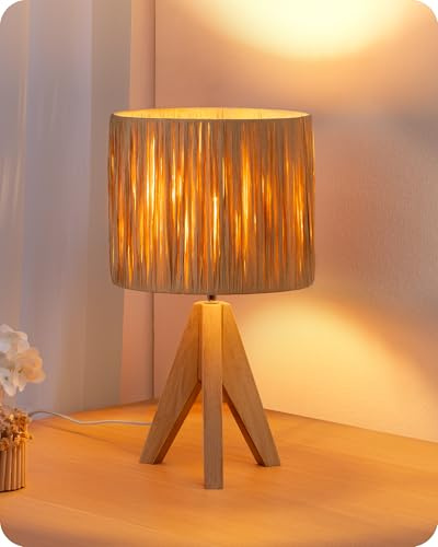 EDISHINE Nachttischlampe, LED Tischlampe mit handgewebtem Seil-Lampenschirm & Massivholz-Stativ, 2700K Warmweiß, Boho Tischleuchte für Schlafzimmer, Wohnzimmer und Hotel, inkl. E27 4W Glühbirne