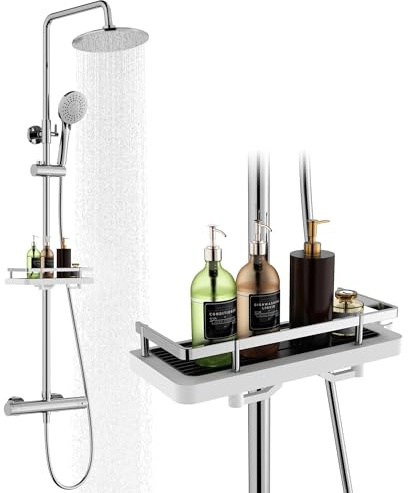 HOMELODY Duschsystem mit Thermostat und Duschablage Chrom - Duscharmatur Komplettset mit Rund Regendusche Duschkopf, 3 Strahlarten ABS Handbrause, Sicherheitssperre bei 38°C, Regendusche mit Armatur
