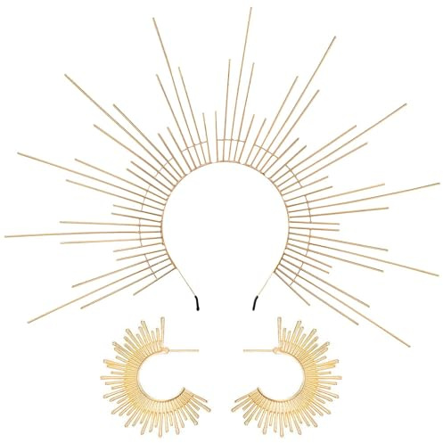Vifcotlyp Sun Goddess Halo Crown Headband, Metal Goddess Crown Sunburst Spike Headpiece with Earrings for Women Halloween Renaissance Cosplay