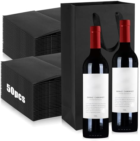 50 Pack Geschenktüten Flaschen für 2 Weinflaschen, SHAIDOJIO Schwarz Geschenktüten für Wein Bulk, Kraftpapier Weinflaschenbeutel mit Griff für Party Weihnachten Business Hochzeit Valentinstag
