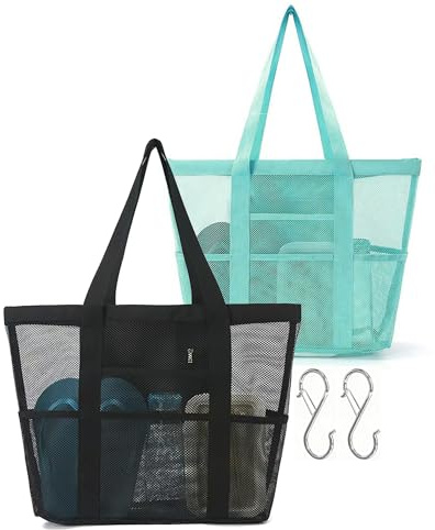 Funxdola 2-Pack Large Mesh Carryall Tote Beach Bags - 8 Front Back Pockets Inner Zip Compartment for College Dorm Room Toiletry Bathroom Essentials Gym Camp Travel - Includes 2 S Hooks (Green & Black)