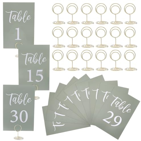 HOBBIESAY Lot de 30 supports de numéros de table et numéros de table de mariage de 1 à 30 cartes pour réception de mariage, cartes de numéro de table en papier vert sauge avec carte de tête pour fête