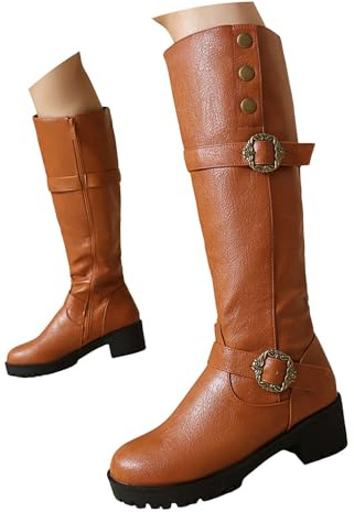 Botas altas de equitación con tacón de bloque para mujer, con cremallera lateral, botas largas de invierno con hebilla decorativa, botas largas antideslizantes de tacón grueso, cómodas para el trabajo