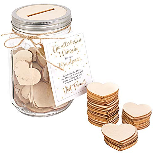 Kleinlaut Gästebuch für z.B. Hochzeiten - Mason Jar Glas 1000 ml - inklusive 50 x Holzherzen - außergewöhnliche Alternative zum traditionellen Gästebuch