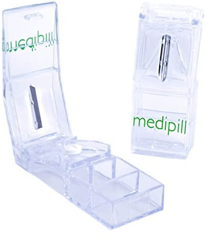 MEDIPILL - Tagliacompresse | Taglio preciso di farmaci piccoli e grandi | 2 scomparti portaoggetti | Plastica senza BPA | Un pezzo | Cancella | MED-CP