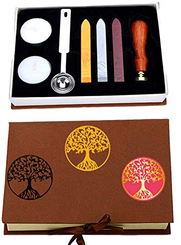 Anbose Ensemble de cachet de cire Arbre de vie comprenant 1 sceau en cuivre avec poignée en bois, 3 bâtons de cire, 1 cuillère à fondre et 2 bougies blanches
