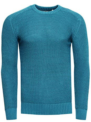 Strickpullover Herren Basic Business Rundhalspullover Crew Neck Langarm Strick Pulli Rundhals-Ausschnitt für Männer 383, Farbe:Petrol, Größe:XL
