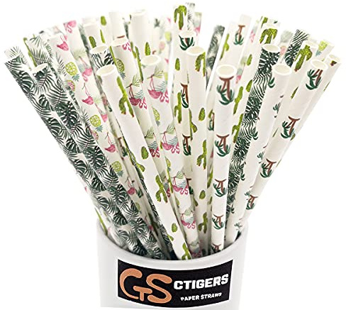 CTIGERS Hawaiian Tropical Paper Straws for Summmer Party Beach Cocktail Luau Decorations Flamingo Pineapple Cactus Coconut Tree 4 Color Mixed Biodegradable Drinking Straws Box of 100